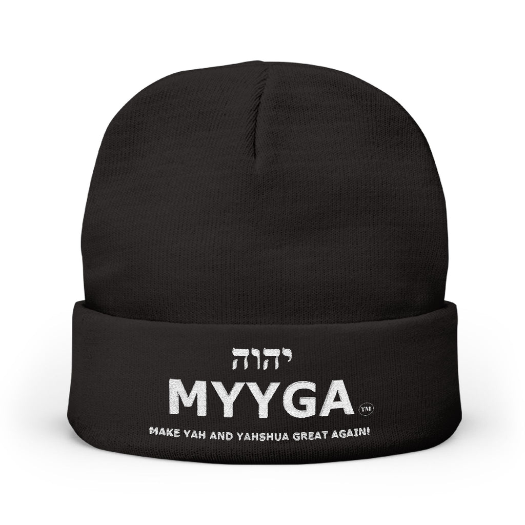 MYYGA - Make Yah And Yeshua Great Again - Embroidered Knit Beanie | Distressed Hebrew Accent
