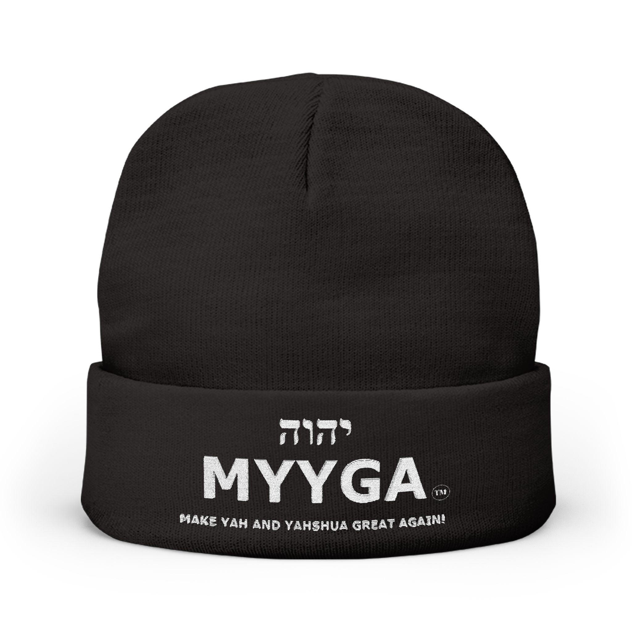 MYYGA - Make Yah And Yeshua Great Again - Embroidered Knit Beanie | Distressed Hebrew Accent