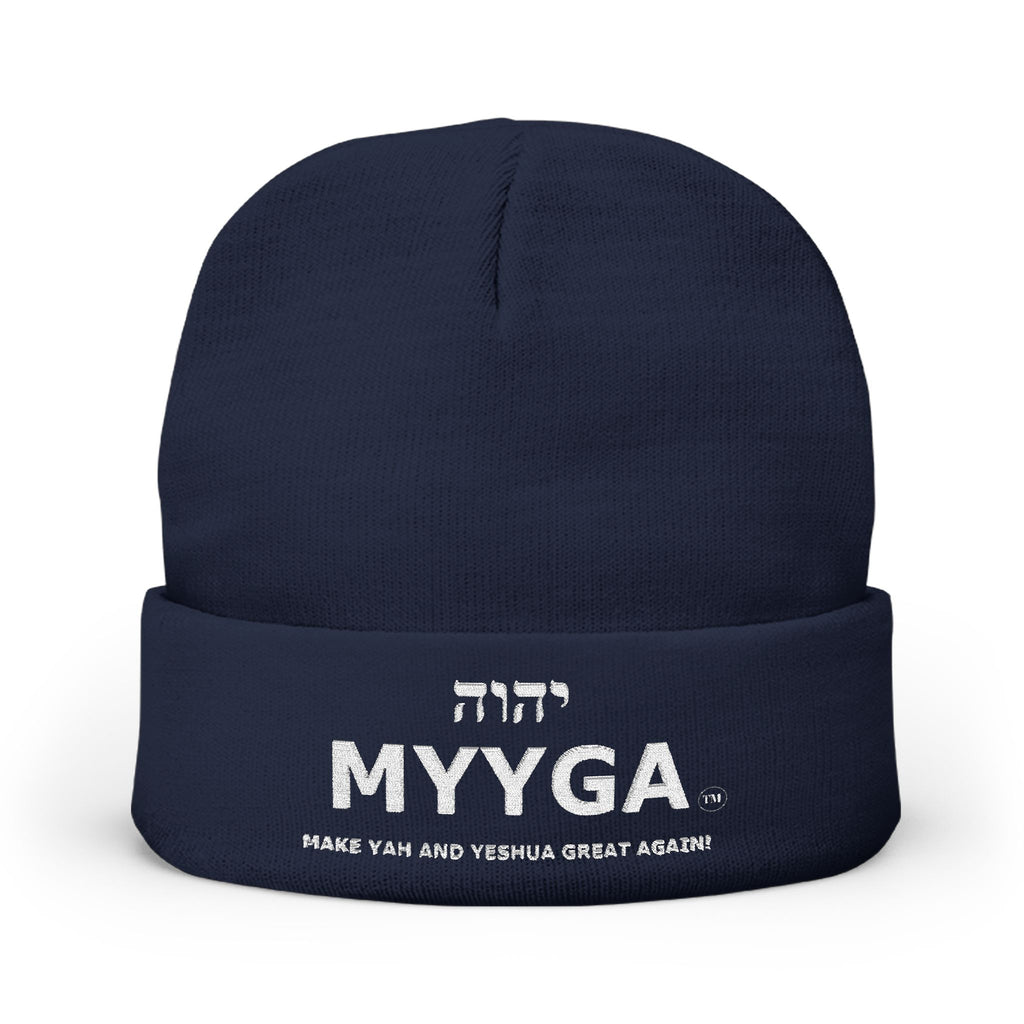 MYYGA - Make Yah And Yahshua Great Again - Embroidered Knit Beanie | Distressed Hebrew Accent