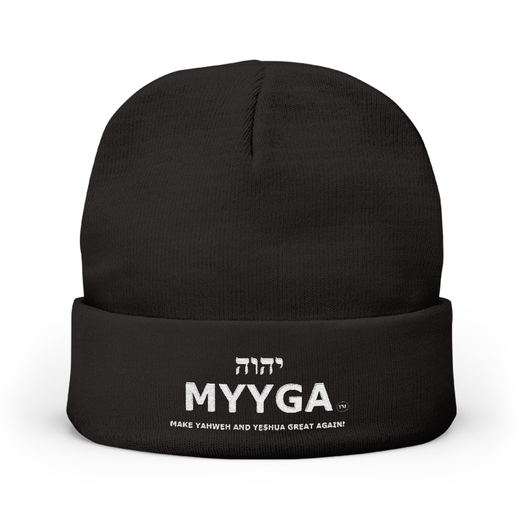 MYYGA - Make Yahweh And Yeshua Great Again - Embroidered Knit Beanie | Distressed Hebrew Accent