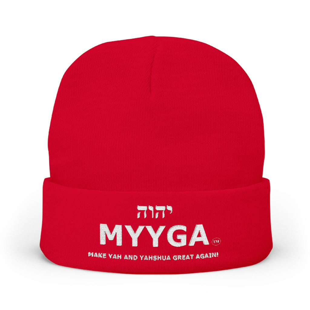 MYYGA - Make Yah And Yeshua Great Again - Embroidered Knit Beanie | Distressed Hebrew Accent