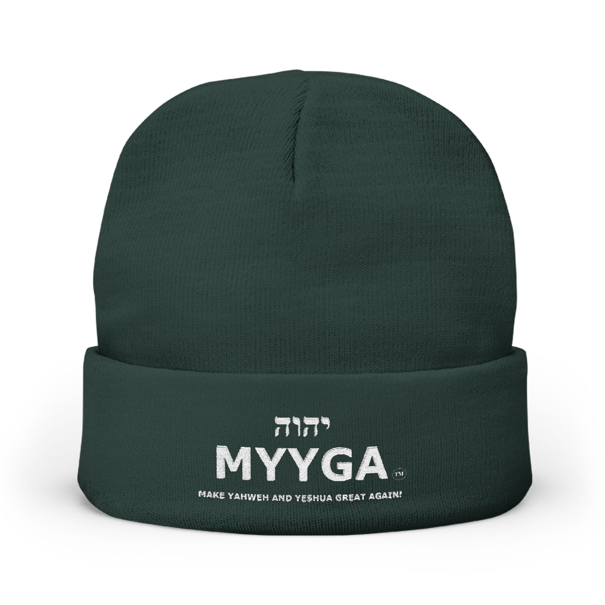 MYYGA - Make Yahweh And Yeshua Great Again - Embroidered Knit Beanie | Distressed Hebrew Accent