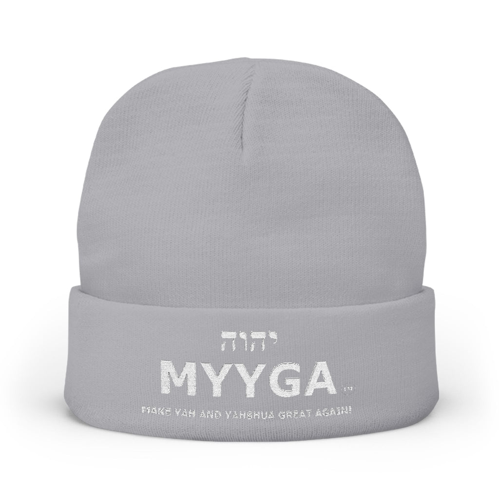 MYYGA - Make Yah And Yeshua Great Again - Embroidered Knit Beanie | Distressed Hebrew Accent