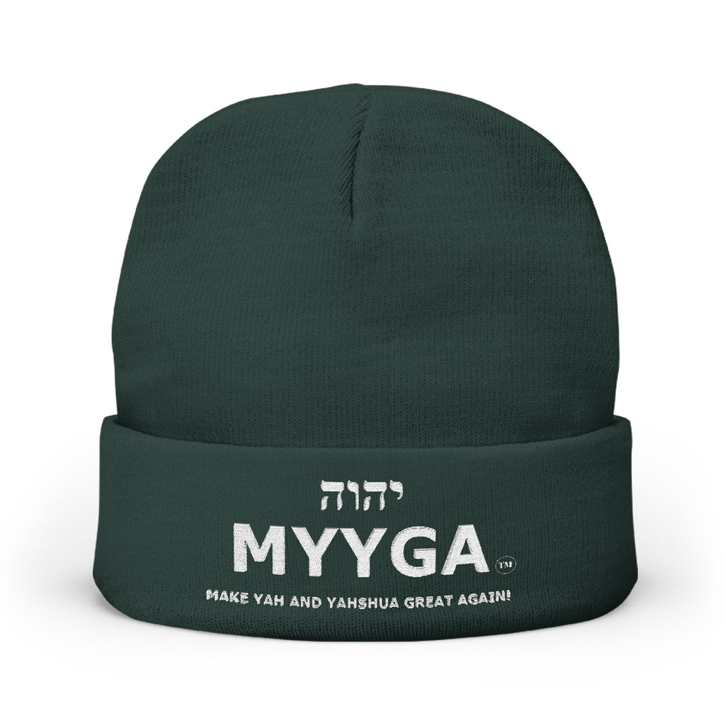 MYYGA - Make Yah And Yeshua Great Again - Embroidered Knit Beanie | Distressed Hebrew Accent