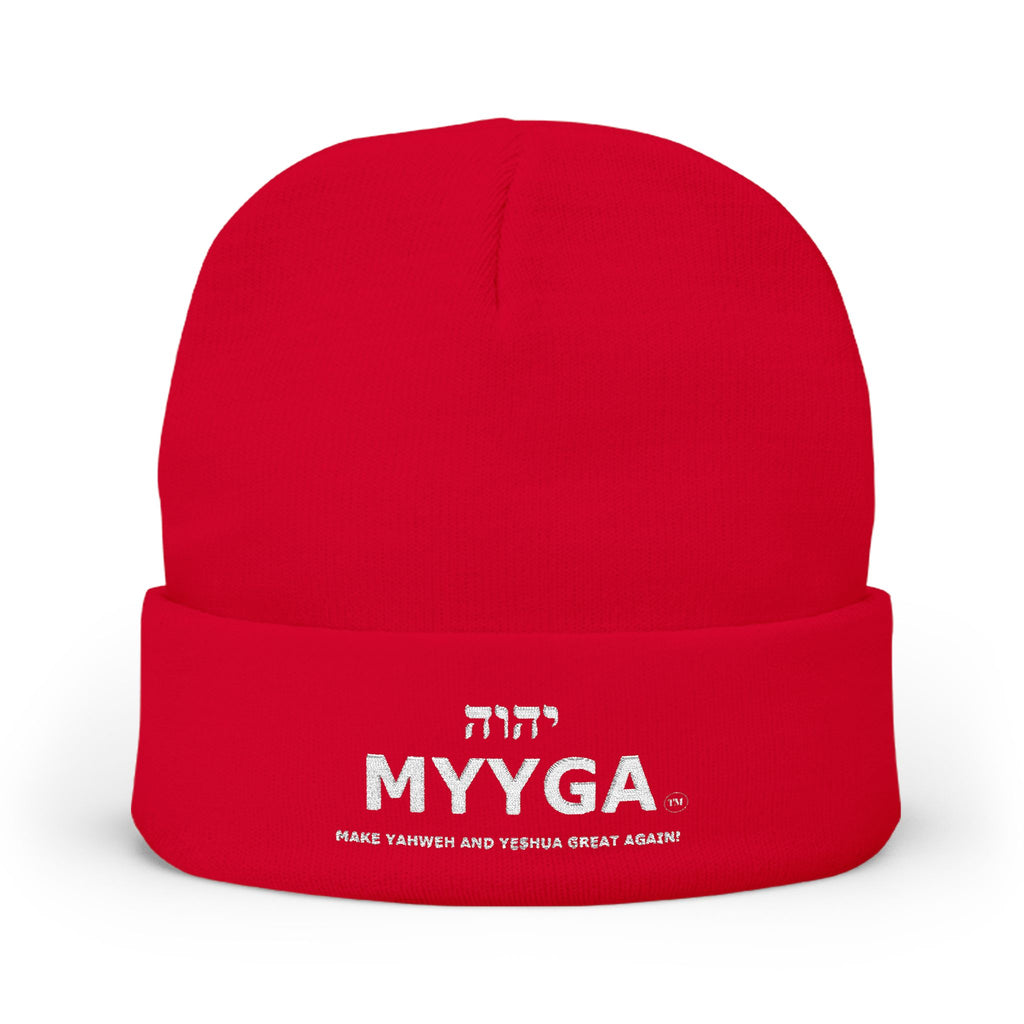 MYYGA - Make Yahweh And Yeshua Great Again - Embroidered Knit Beanie | Distressed Hebrew Accent