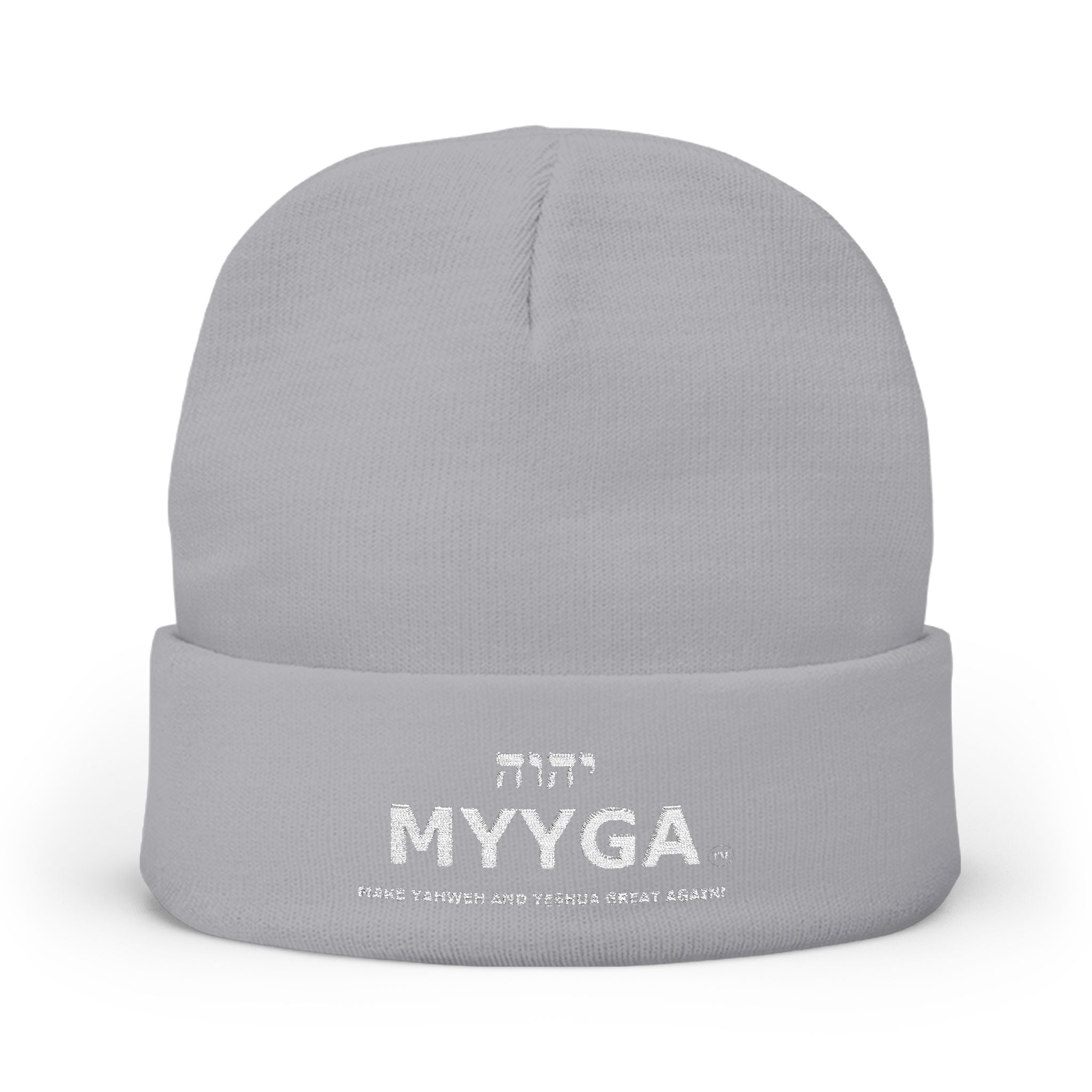 MYYGA - Make Yahweh And Yeshua Great Again - Embroidered Knit Beanie | Distressed Hebrew Accent