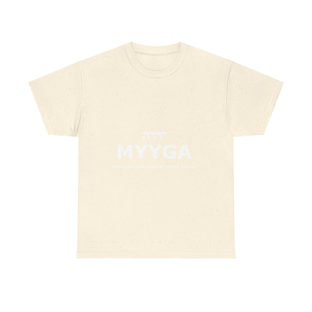 MYYGA - Make Yah And Yahshua Great Again - logo tee | Hebrew lettering graphic shirt