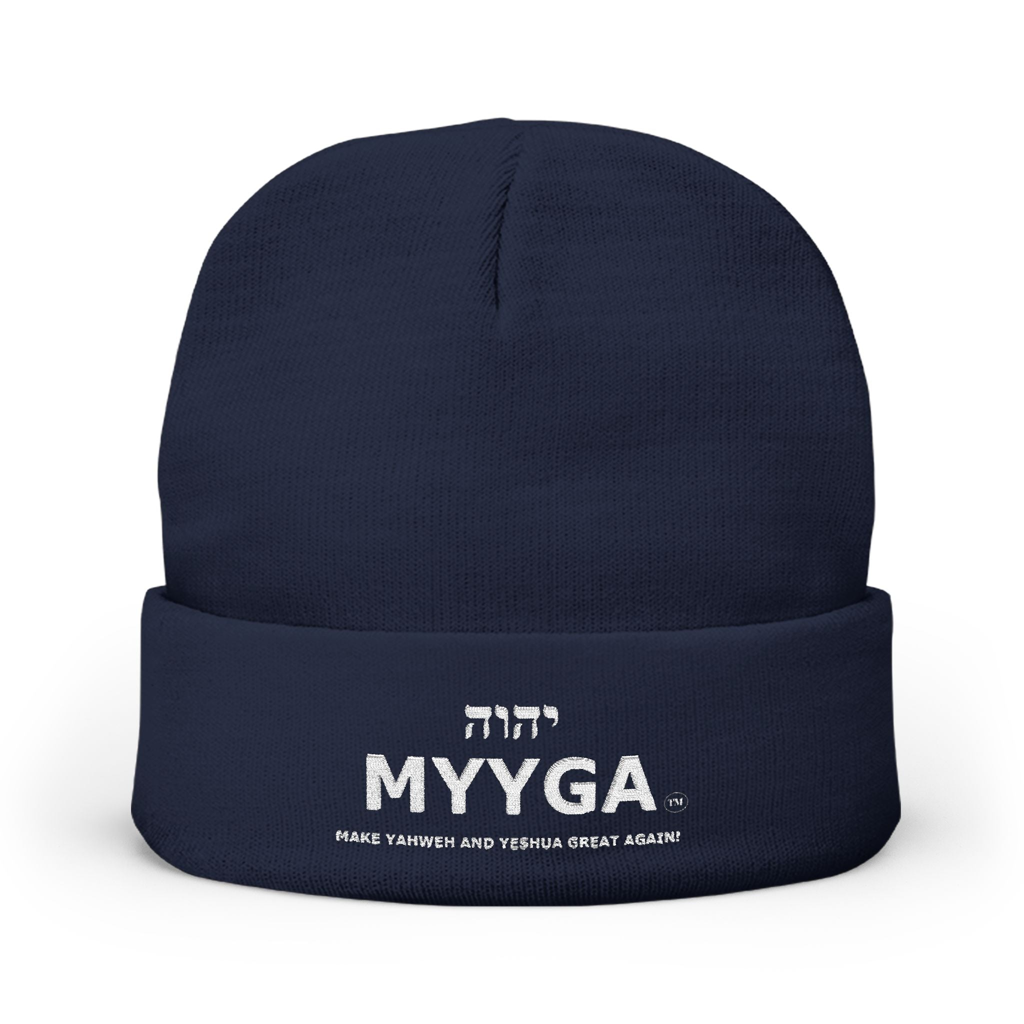 MYYGA - Make Yahweh And Yeshua Great Again - Embroidered Knit Beanie | Distressed Hebrew Accent